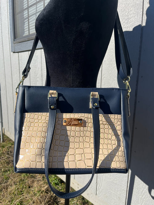 The Becca Handbag in Cream/Navy Blue