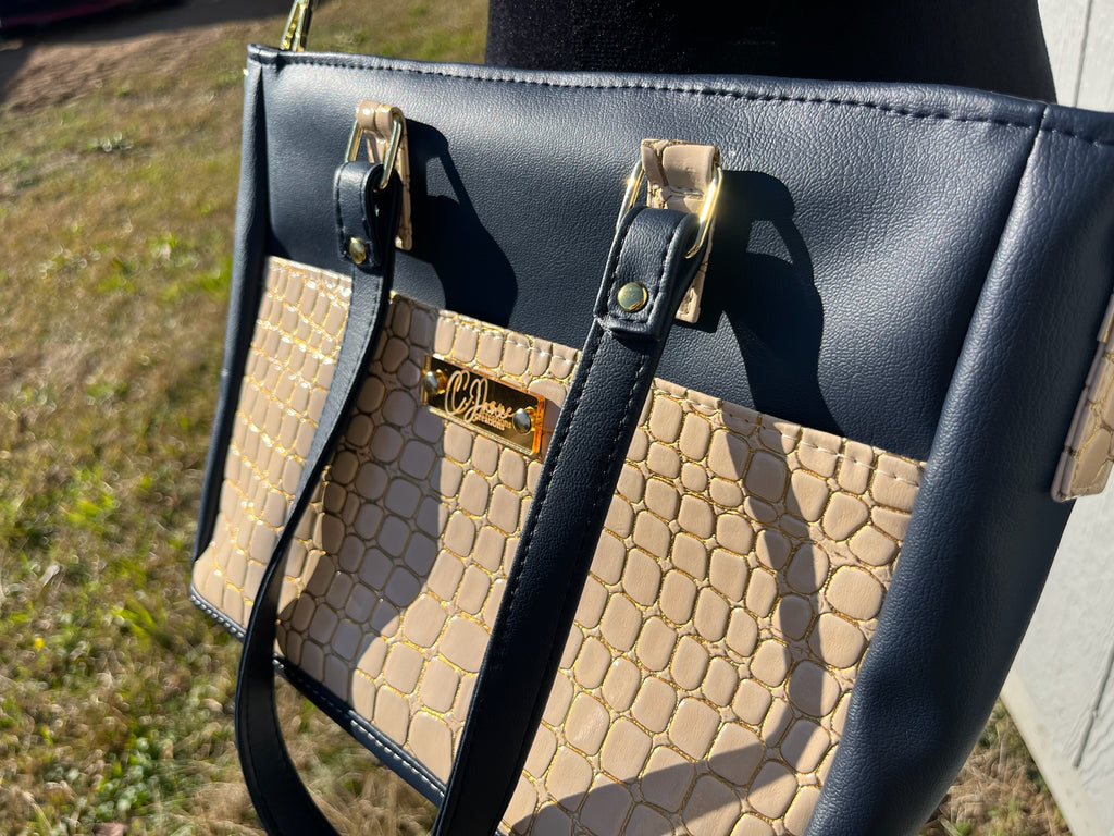 The Becca Handbag in Cream/Navy Blue